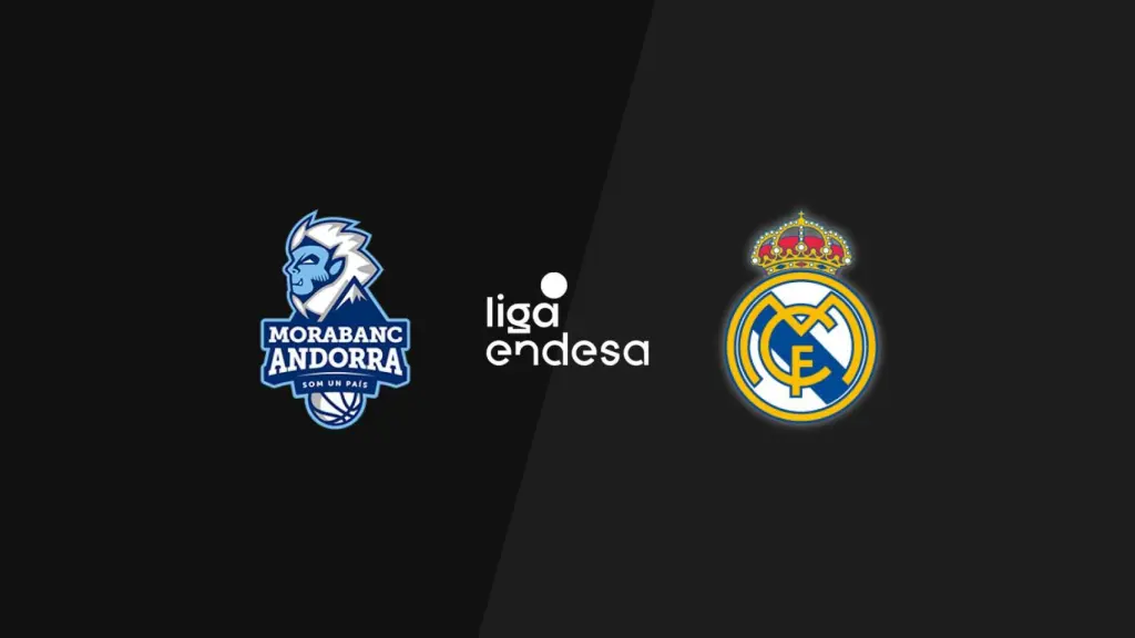 Escudos del Real Madrid Baloncesto y MoraBanc Andorra antes del partido de Liga Endesa.